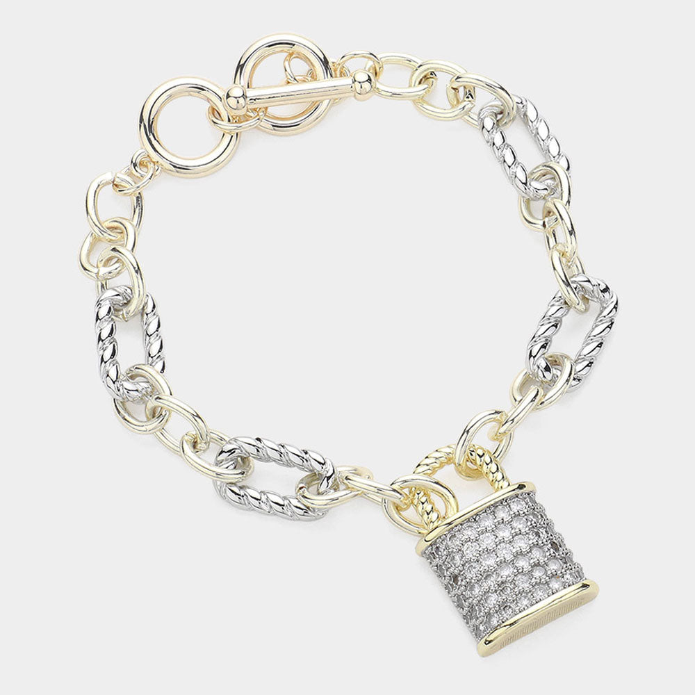 CZ Stone Paved Lock Charm Pointed Two Tone Link Toggle Bracelet
